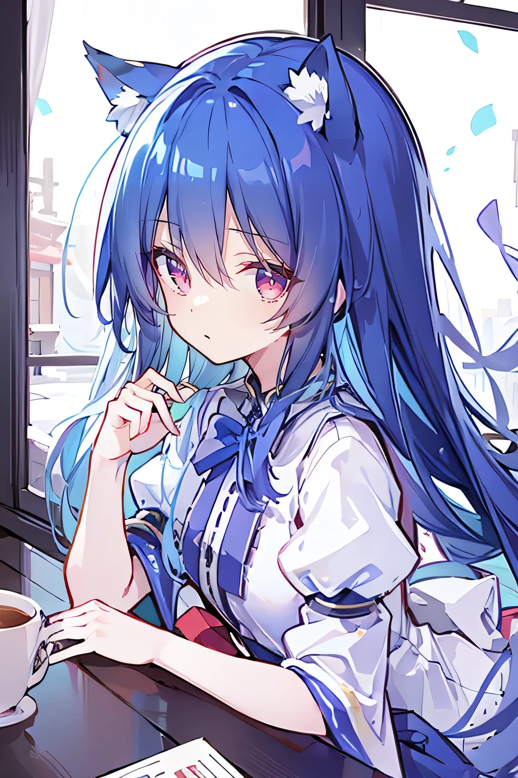 (Masterpiece:1.2),Ultra-detailed,lifelike,The eyes are expressive,Fair skin,Perfect face shape,1 girl,Japanese Manga,Gorgeous blue hair,Flowing blue hair,Flowing clothes,Cat ears,Petals falling,Smile,Tokyo background,background,heavy snow,winter.Highest quality,perfect face,sitting on window sill drinking coffee and looking out the window.
