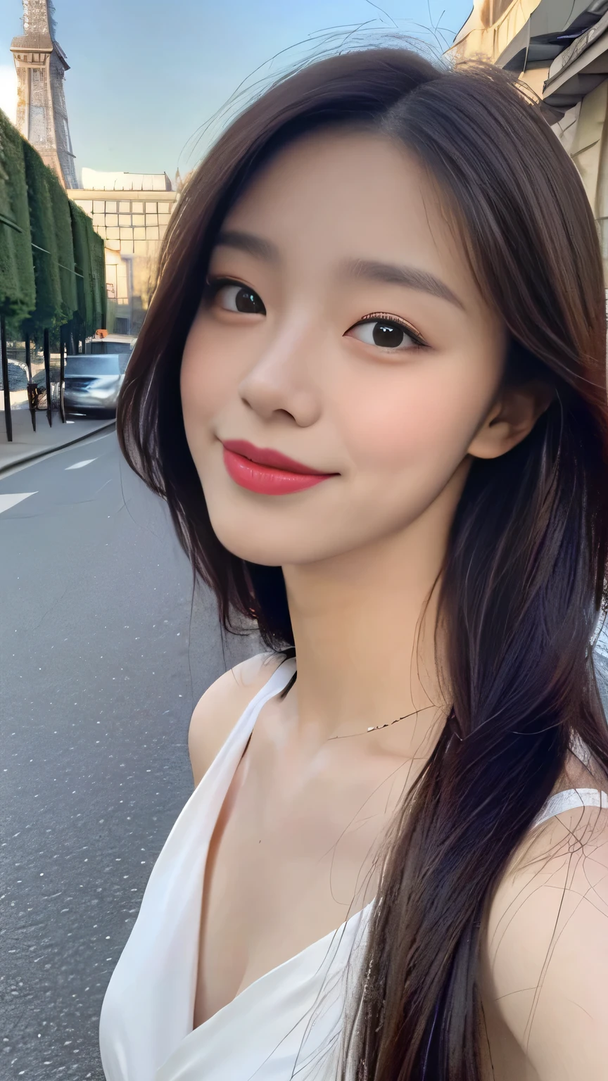 high detail，8K resolution，Ultra-high resolution，best picture quality，beautiful girl，lipstick，Love primary school students，Peerless beauty，Black Straight Hair is casually worn，smooth hair，clavicle，Delicate makeup，Delicate and perfect facial features，The most beautiful big eyes，Sticking out tongue，blush，Smile，long hair，Straight Hair，Wearing a white silk dress out on the street，Be close to the audience，Dynamic angle，Ultimate picture quality，Highest precision，The Eiffel Tower and the Seine River in the background，There are five large apertures nearby