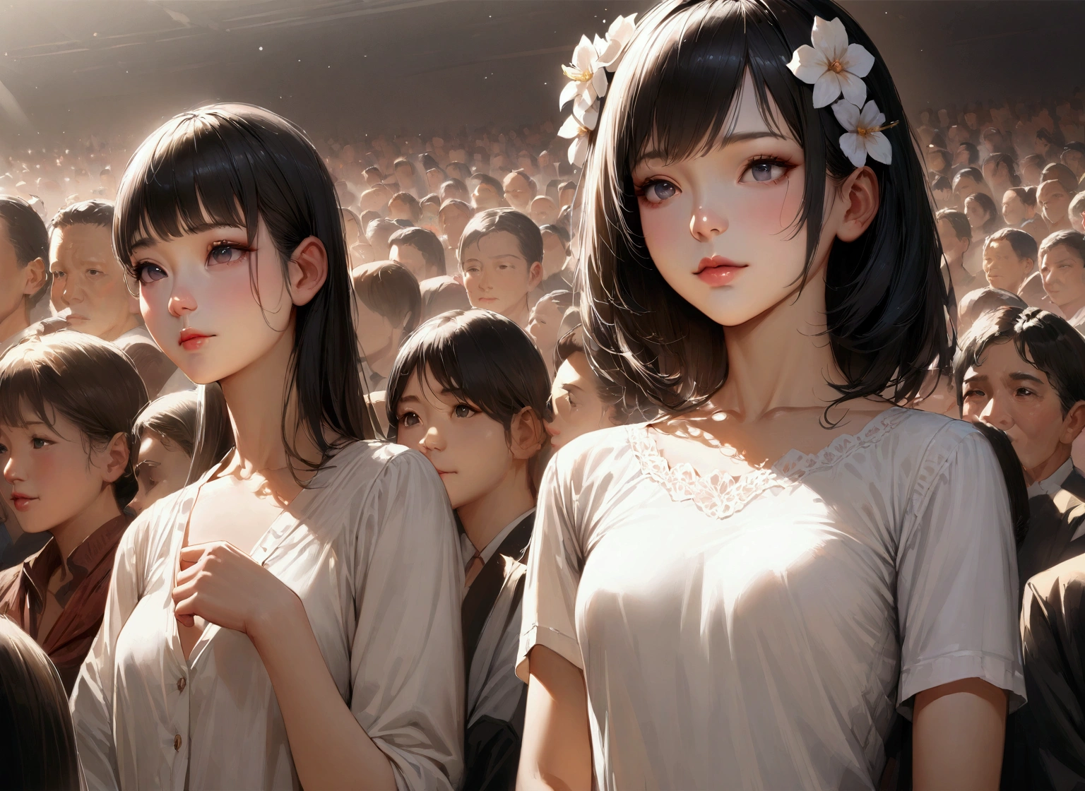  anime girl, Realistic Shadows, Detailed skin, Very small breasts, Black Hair, Very detailed, 8kのVery detailedな顔, perfect face shape, Perfect Lips, Perfect Nose, Correct beautiful eyes, Audience, White shirt, Hair Flowers, masterpiece, Highest quality, Single women, Very good, No panties, alone