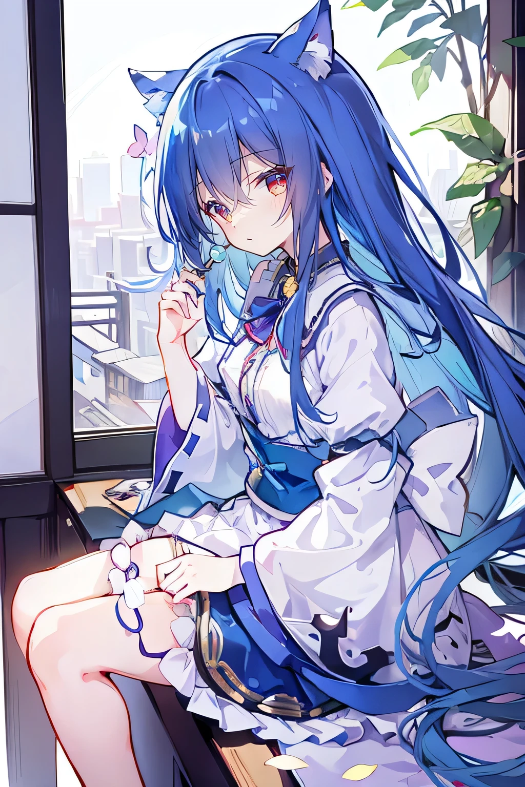 (Masterpiece:1.2),Ultra-detailed,lifelike,The eyes are expressive,Fair skin,Perfect face shape,1 girl,Japanese Manga,Gorgeous blue hair,Flowing blue hair,Flowing clothes,Cat ears,Petals falling,Smile,Tokyo background,background,heavy snow,winter.Highest quality,perfect face,sitting on window sill drinking coffee and looking out the window.