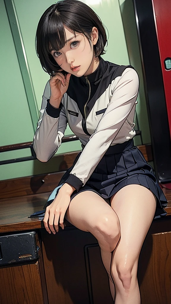 13-year-old girl、Earth Federation Operator Girl Soldier、Black short hair、Idol-level cuteness、Childish face and appearance、Operator intercom mounted on head、Accurately drawn faces、thin、健康的なKnee-lengthスカート風の地球連邦軍制服、Knee-length、Inside the bridge of a battleship、Low angle shot、Anatomically correct、Accurate Fingers、Accurate Rimbuster Piece、Photorealization