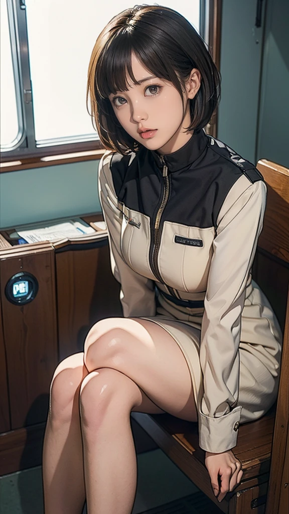 、Earth Federation Operator Girl Soldier、Black short hair、Idol-level cuteness、Childish face and appearance、Operator intercom mounted on head、Accurately drawn faces、thin、健康的なKnee-lengthスカート風の地球連邦軍制服、Knee-length、Inside the bridge of a battleship、Low angle shot、Anatomically correct、Accurate Fingers、Accurate Rimbuster Piece、Photorealization