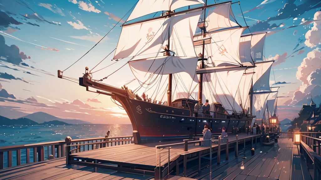 Party on the deck of a pirate ship。Some people play musical instruments.。