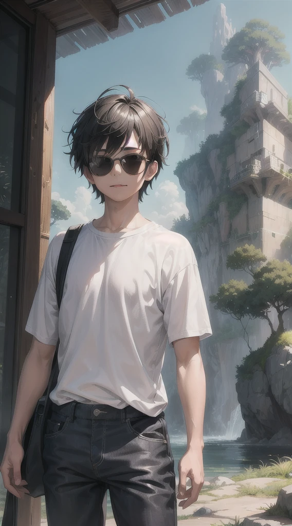 "In a 2025 world setting, a young man in casual clothing and wearing sunglasses is sticking out his tongue with a provocative and confident attitude while facing forward. The visual features fantastical details with a Studio Ghibli style, capturing the whimsical and slightly fantastical atmosphere typical of Ghibli animation. The image is updated to a close-up view, showcasing a soft and enchanting aesthetic."