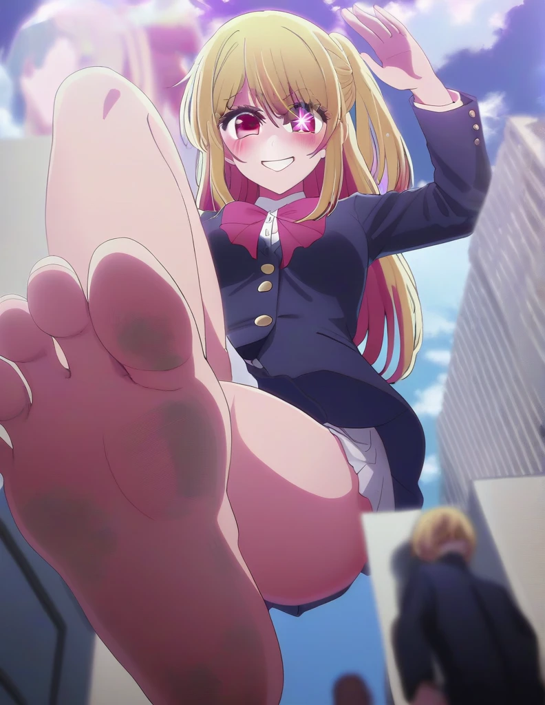(8k, masterpiece, best quality, fine shadows, cinematic lighting, ultra high res), detailed eyes and face, almond eyes, sharp focus, 1girl, (slim body, small waist, thighs, hips, legs, medium breasts), long eyelashes, realistic skin, ruby_hoshino, blonde hair, bangs, pink eyes, long hair, looking at viewer, red eyes, streaked hair, hair between eyes, sidetail hair, (school uniform, blazer, ribbon), grin, (star pupil:1.3), anime, 1 girl, oshi no ko, ruby hoshino, stepping, stepped on, pov, angle from above, no shoes, feet, looking down, toes, one foot out of frame, leg lift, foot focus, barefoot, standing on one leg, depth of field, outdoors,( foreshortening:1.2), facial blur, blurry face, building, sky, cloud, giantess, mega size, masterpiece, best quality, absurdres, ultra detailed, laughing, blonde, evil sadistic yandere glare, 6 pointed star pupil on right eye, five toes, detailed star pupil, full body shown, stinky feet, extremely dirty feet, detailed dirty feet, detailed full body, crushing the city with bare foot, city, a panel of her laughing at the side, 5 toes only, high quality, not out of frame, detailed eyes, the shape of a perfect foot, the shape of perfect legs, perfect body shape, 5 fingers, comic, detailed comic, detailed mouth, perfect eyes, perfect eyebrows, five tiny people stuck on her feet, five tiny people tied to her feet, city being destroyed, detailed city, high resolution, detailed tiny people, perfect star pupil, detailed star pupil