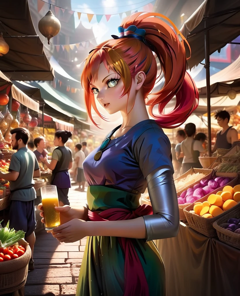 art in 4D vivid colors atmosfera oleosa sombria art sexy zaki + vegeta DBZ
fênix Portrait front view of a girl standing in a mystical marketplace, with red silver hair in a flowing ponytail, in a dynamic pose, she is holding a glass of bubbling potion out to the viewer, in the background are busy vendors, and magical light and smoke from the various market stalls. trending on artstation, sharp focus, studio photo, intricate details, highly detailed,