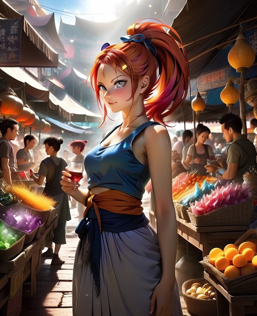 art in 4D vivid colors atmosfera oleosa sombria art sexy zaki + vegeta DBZ
fênix Portrait front view of a girl standing in a mystical marketplace, with red silver hair in a flowing ponytail, in a dynamic pose, she is holding a glass of bubbling potion out to the viewer, in the background are busy vendors, and magical light and smoke from the various market stalls. trending on artstation, sharp focus, studio photo, intricate details, highly detailed,