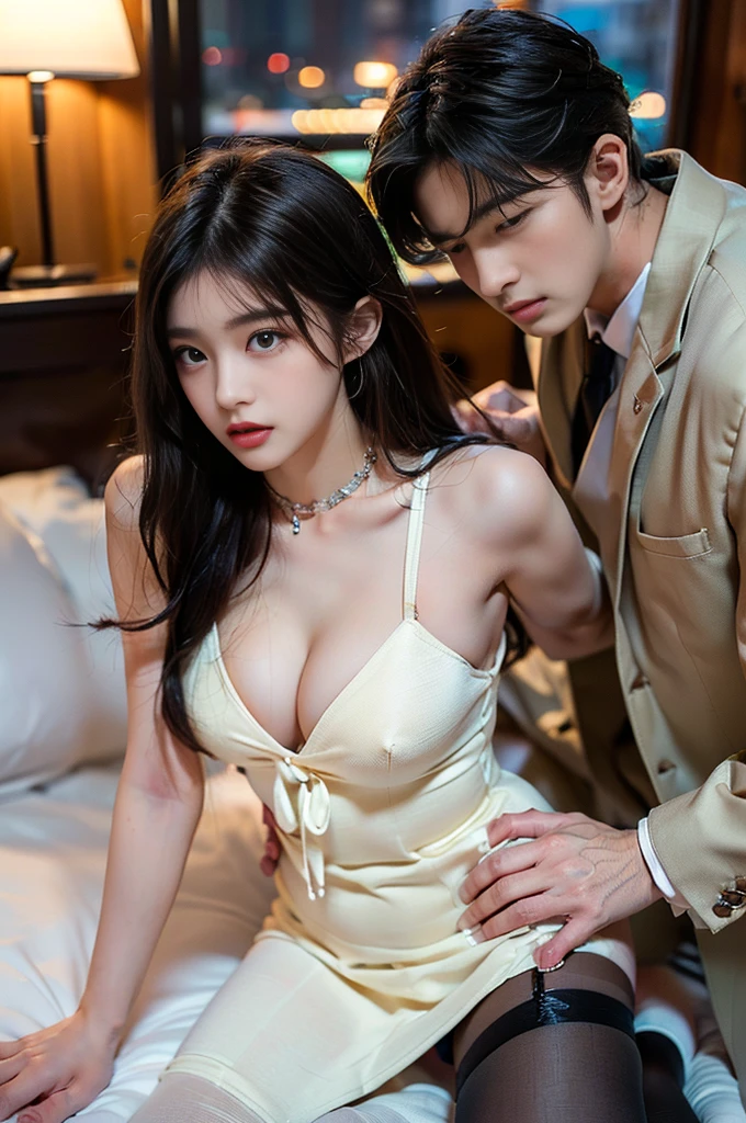 (((NSFW : 1.2))), (((pornography))), (realistic), (intricate details:1.2), (masterpiece、:1.3), (top quality:1.4), (Ultra A high resolution:1.2), Ultra A high resolution, 8K resolution, very detailed expression, dark, (high quality), complete anatomy, natural anatomy, full body photo, (1 Girl being caress by 2 men at night : 1.6), she is 21 years old, (call girl:1.5), (prostitute: 1.5), (she is korean:1.6), (beautiful : 1.4), (Dyed fancy colored hair banging), (big earrings), heavy makeup, Confusing wording, choker necklace, long legs, (a girl weared slim feminine dress and pantyhose. : 1.4), (a girl is wearing a suit blazer :1.4), (2 men are the her owner : 1.4), glowing skin,(eye contact each other :1.4), (the men tie up her arms behind back:1.4), (((orgasm : 1.4))), (((moaning : 1.2))),(She being caught and sexually harassed by 2 men : 1.5), (she be forcibly raped by 2 men : 1.5), violated by them, (she be laying on the bed forcely : 1.4), She can not resist holding her arms grabbed by men., his dick being inserted into her pussy and anal., a man tighten her panty, a man tears off her pantyhose to explore her pussy, grabed ass, (The men grabbed her thighs.), caress, fondle, (on the bed in hotel : 1.6), (detailed background:1.2),(She has enjoying spooning sex with several Korean men : 1.4), (doggy pose sex on the bed : 1.4),(She's not looking straight ahead : 1.4)