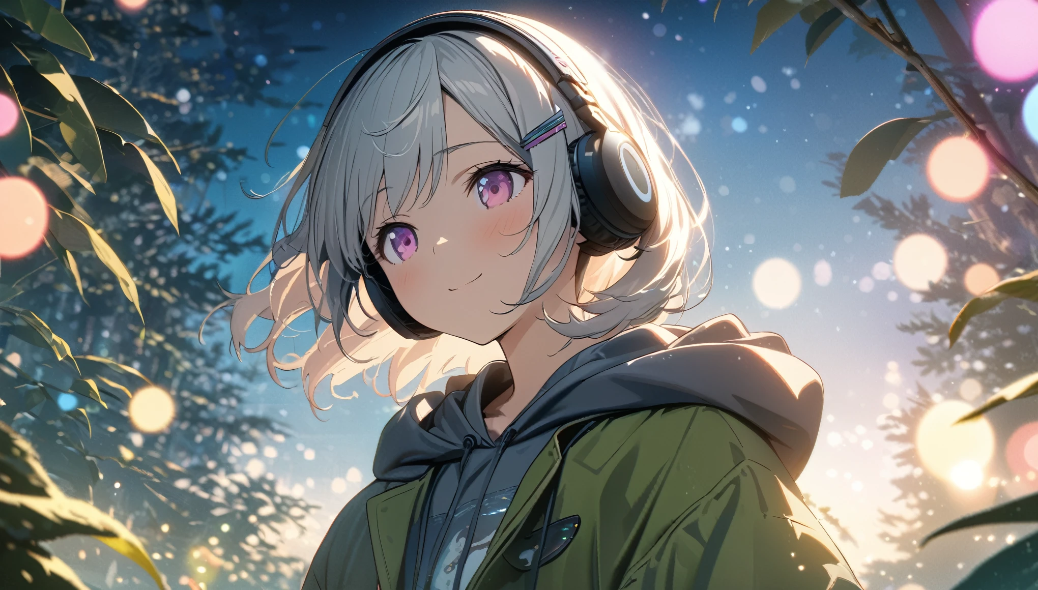 one girl, silver short hair and bob hair、I tied my hair in a bun with a hair clip..、beautiful pink eyes、smile、gentle smile on her face、flat chest, one Beautiful girl,((masterpiece, illustration, best quality) ((ultra-detailed))\, under a forest (Eucalyptus deglupta), listening to music, One woman, wearing headphones, wearing a hoodie,濃い青とBeautiful Blueのグラデーション, High resolution, 8K HD detail, hyper-detail, cinematic, surrealism, soft light, deep field focus bokeh, ray tracing and surrealism. --v6