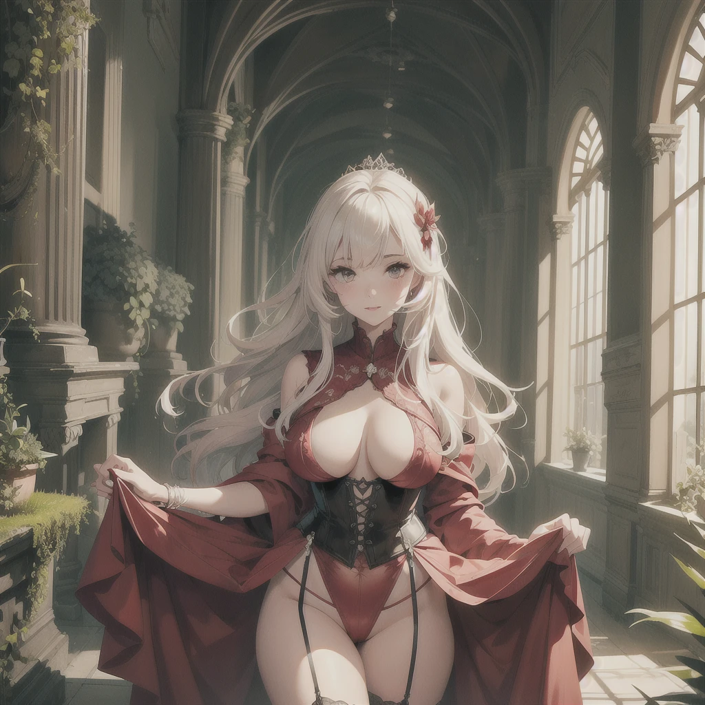 Mature - Huge tits - Cameltoe - Version adulte et très sexy du Petit Chaperon Rouge aux formes généreuses. Elle avance vers la caméra en se dehanchant. Elle porte une cape rouge audacieuse et un ensemble révélateur, avec un corset en dentelle rouge et une jupe très courte en latex rouge révelant une culote en dentelle blanche avec cameltoe. Ses bottes montantes et son expression confiante ajoutent à son allure séduisante. Ses cheveux longs et bouclés tombent en cascade autour de son visage. A ses côtés, se tient un loup imposant et menaçant, qu'elle tient par le colier, regardant vers l'horizon. La posture protectrice attentive du loup contrastent avec son apparence féroce. Le loup porte un collier élégant pour symboliser sa domestication. L'arrière-plan est une forêt dense et mystique, avec des arbres anciens et une lumière tamisée qui filtre à travers le feuillage, créant une ambiance féerique. L'illustration doit être réalisée dans un style artistique détaillé et enchanteur, rappelant l'esthétique des contes de fées