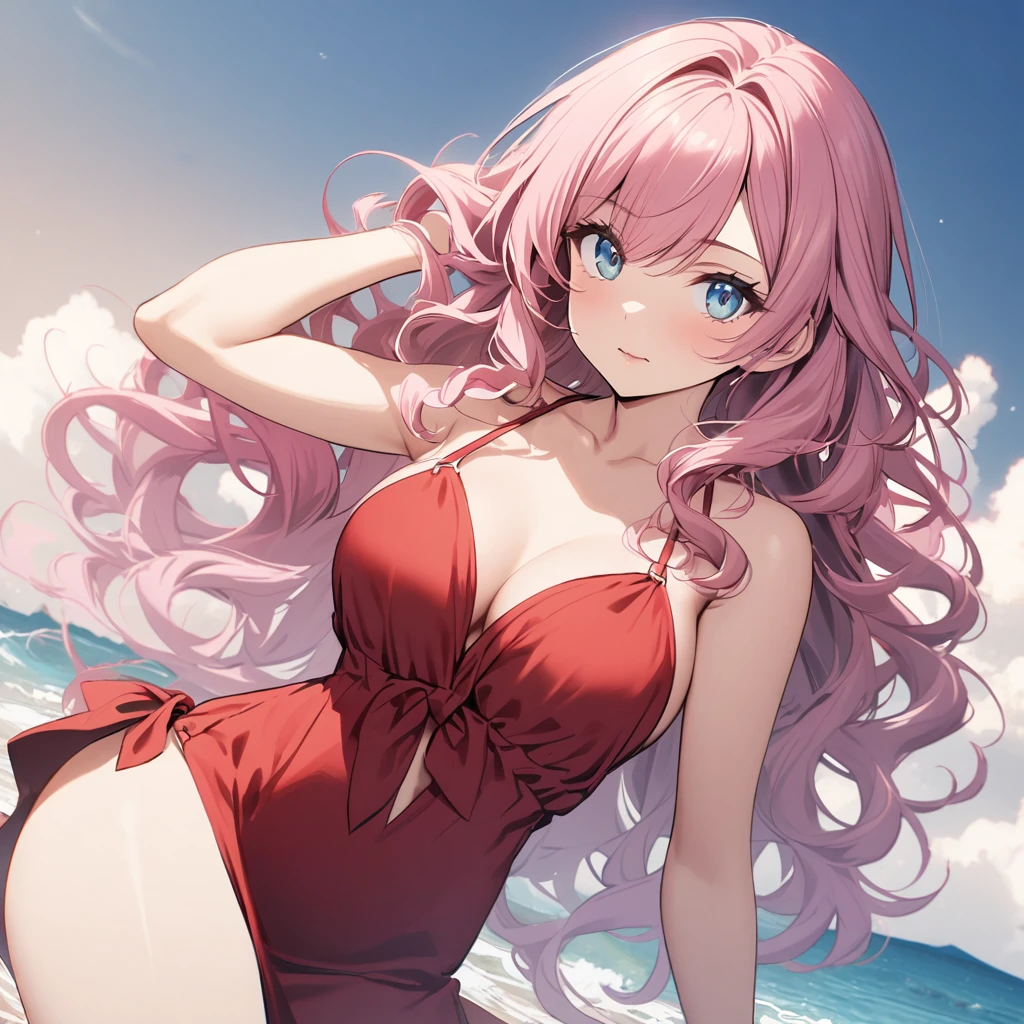 A woman, Long wavy hair, Pink Hair, Light blue eyes, Red Dress, Bikini