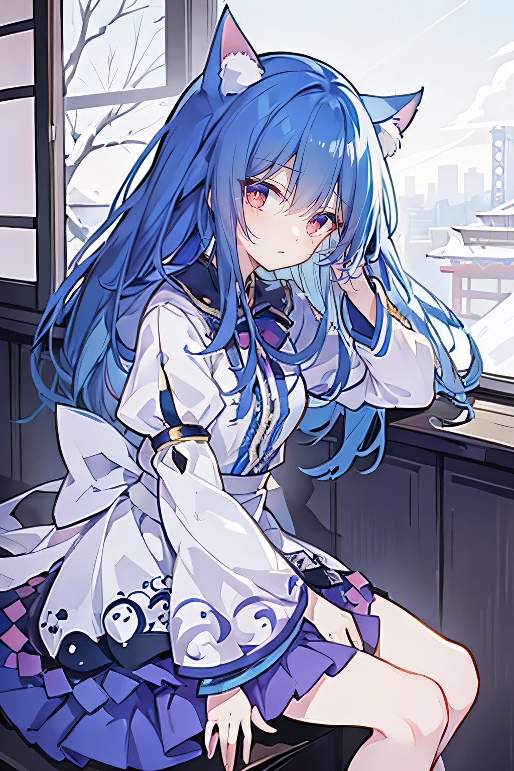 (Masterpiece:1.2),Ultra-detailed,lifelike,The eyes are expressive,Fair skin,Perfect face shape,1 girl,Japanese Manga,Gorgeous blue hair,Flowing blue hair,Flowing clothes,Cat ears,Petals falling,Smile,Tokyo background,background,heavy snow,winter.Highest quality,perfect face,sitting on window sill drinking coffee and looking out the window.