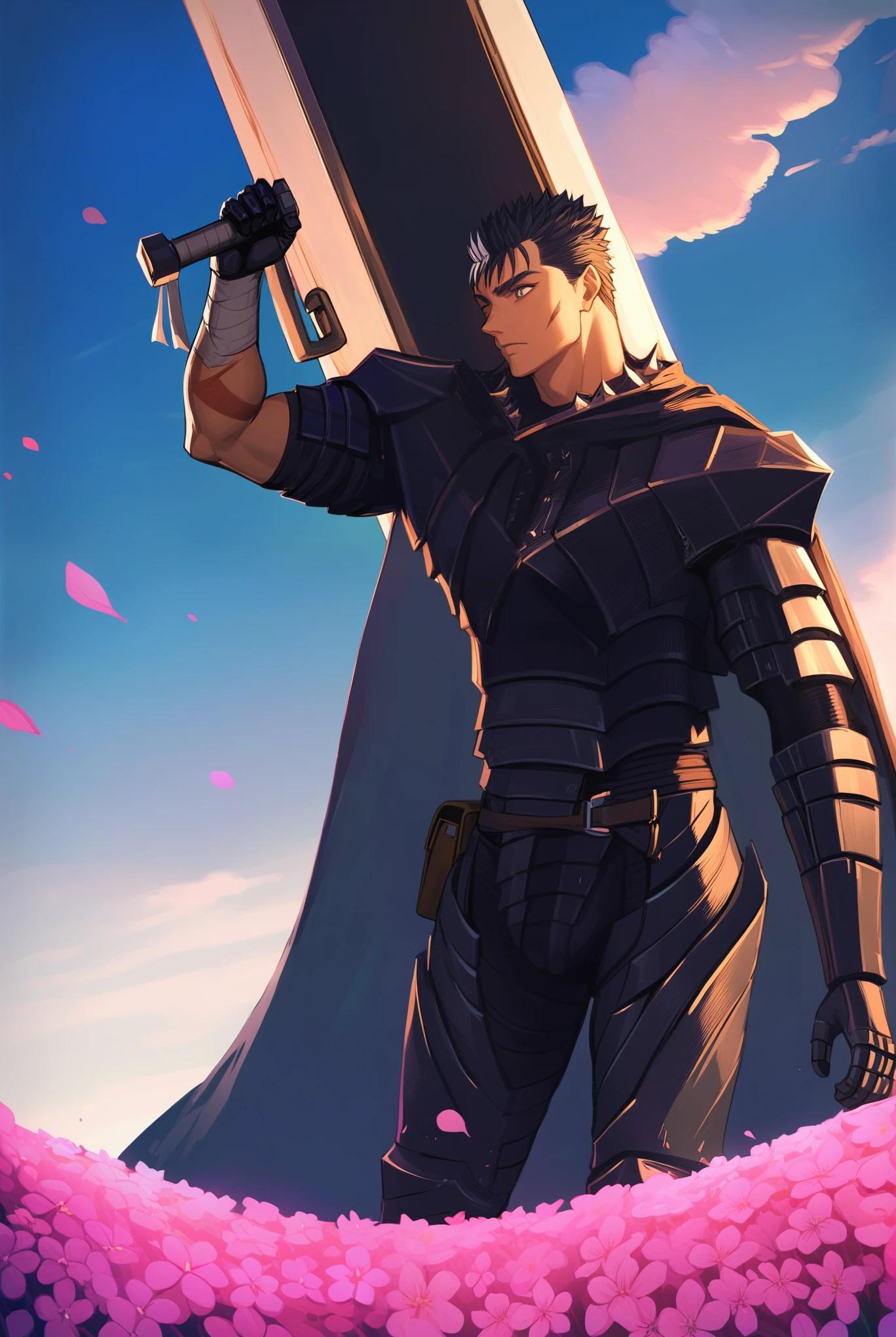 ung boy, Stomach_armors, eyes browns, shorth hair, multicolored hair, spiky hair, scar not nose, black armour, Torn Cape, cinematic angle, Mediovale, gram, field of flowers, cloudy sky, work of art, best qualityer, one eye closed, muscular male, huge weapon, holding gun, gun over the shoulder, arm up,