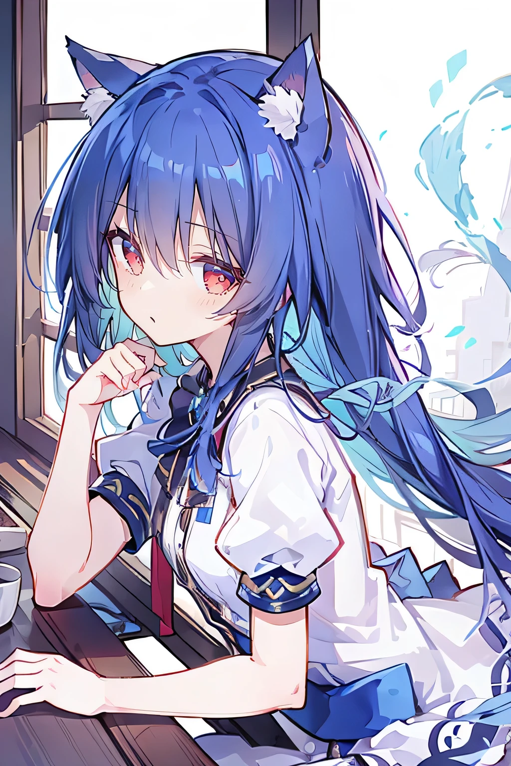 (Masterpiece:1.2),Ultra-detailed,lifelike,The eyes are expressive,Fair skin,Perfect face shape,1 girl,Japanese Manga,Gorgeous blue hair,Flowing blue hair,Flowing clothes,Cat ears,Petals falling,Smile,Tokyo background,background,heavy snow,winter.Highest quality,perfect face,sitting on window sill drinking coffee and looking out the window.
