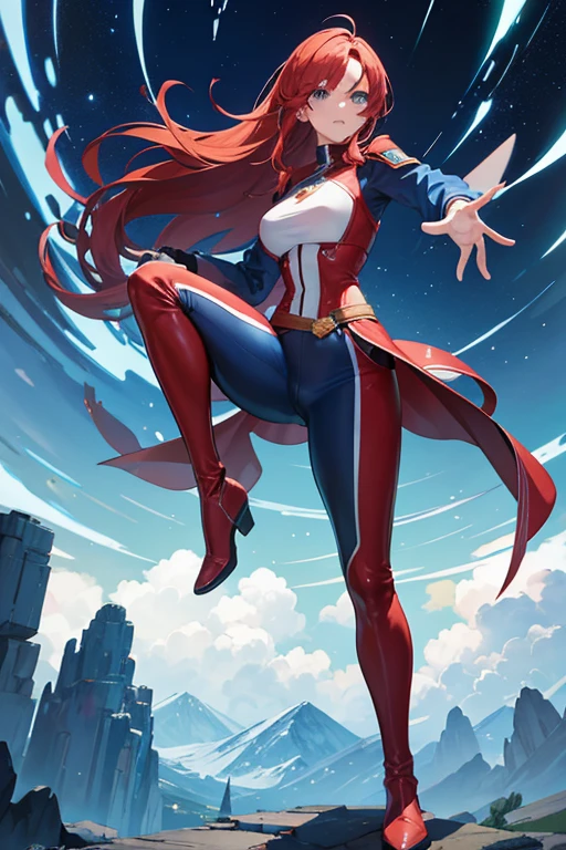 Profesora Sylara Stormblade in an anime style, as a tall, athletic Caucasian woman with long, vivid red hair and bright blue eyes. She is in a dynamic karate kick pose. Her attire includes tight-fitting blue leather pants and leather boots, which accentuate her athletic figure. The setting is a mountainous landscape, with the full-body image capturing the energy and style of anime action.