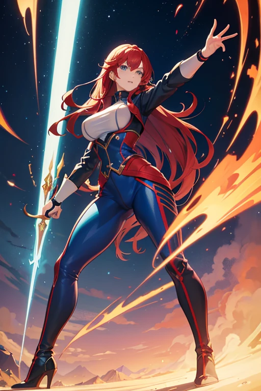 Profesora Sylara Stormblade in an anime style, as a tall, athletic Caucasian woman with long, vivid red hair and bright blue eyes. She is in a dynamic karate kick pose. Her attire includes tight-fitting blue leather pants and leather boots, which accentuate her athletic figure. The setting is a mountainous landscape, with the full-body image capturing the energy and style of anime action.