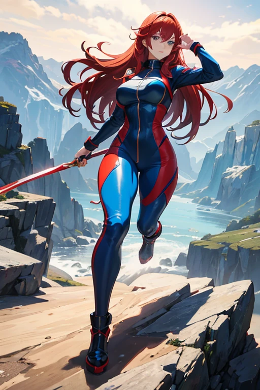 Profesora Sylara Stormblade in an anime style, as a tall, athletic Caucasian woman with long, vivid red hair and bright blue eyes. She is in a dynamic karate kick pose. Her attire includes tight-fitting blue leather pants and leather boots, which accentuate her athletic figure. The setting is a mountainous landscape, with the full-body image capturing the energy and style of anime action.