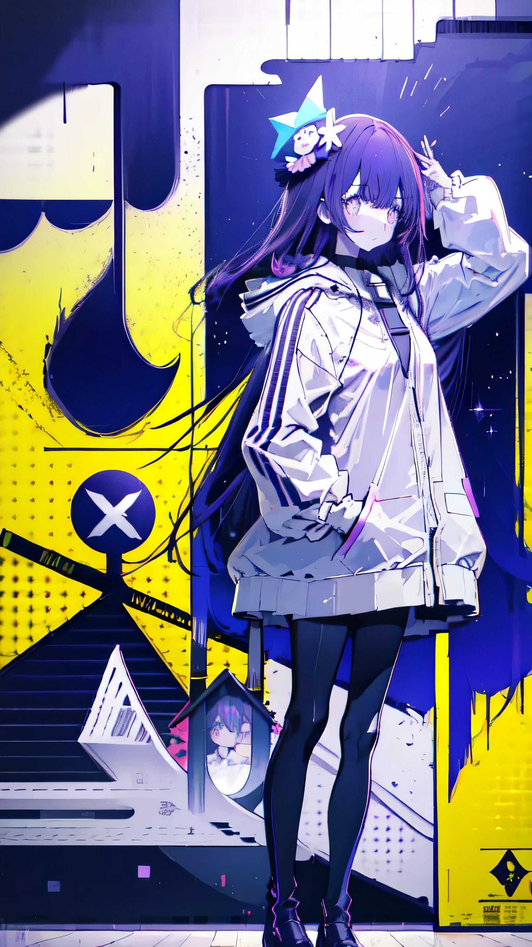 1girl, solo, raincoat, walking in the rain, flat color, rainboots, bag, (hood up), long sleeves, purple hair, (star-shaped pupils), sparkling eyes, long hair, bangs, looking at viewer, holding umbrella, yellow footwear, road sign, absurdres, 16k, masterpiece, best quality,