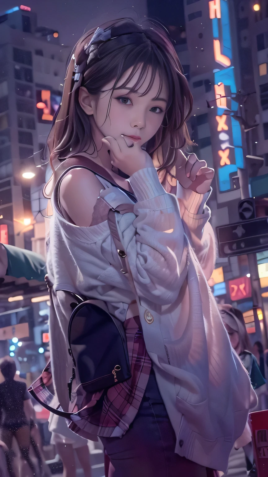 A fragile singer-songwriter singing in the city at night,Tsurime,Detailed face，Cool color makeup,People who cry when they hear the song,The audience stopped to listen,