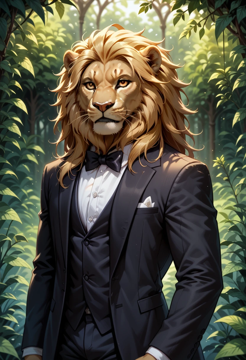 lion，gold，Amber eyes，Lush mane，Tuxedo