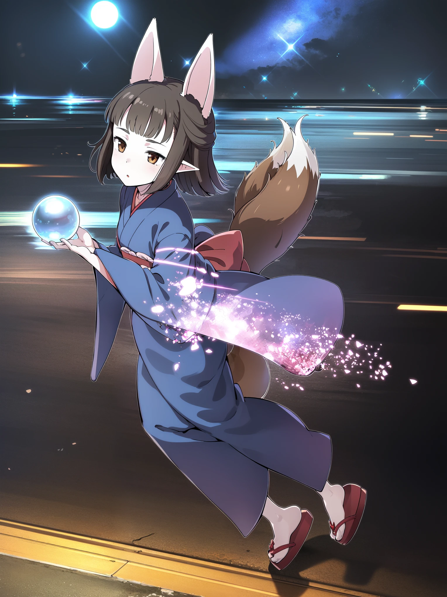 Hasaha, 1girl, young_, soro, brown eyes, animal ears, black hair, pointy ears, short_ hair, fox ears, bangs, blunt bangs, forest, sky, full body,
japanese clothes, kimono, tail, blue kimono, fox tail, crystal ball,
masterpiece, high quality, very_high_resolution, large_filesize, full color,nighown_landscape, cobblestone_road