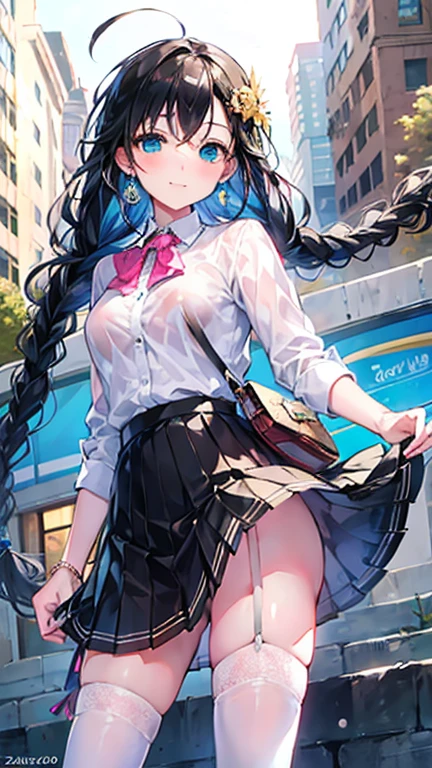 Tazune rirei, nsfw, 8k, ultra-detailed, Masterpiece, best quality, perfect lighting, aqua eyes, black hair, braid hair, pink sweater with vertical lines, black pleated skirt,
earrings, garter belt, black thigh-high socks, black platform shoes,, small handbag, 1girl, solo, looking at viewer, standing on street, portrait, bokeh, light smile, 