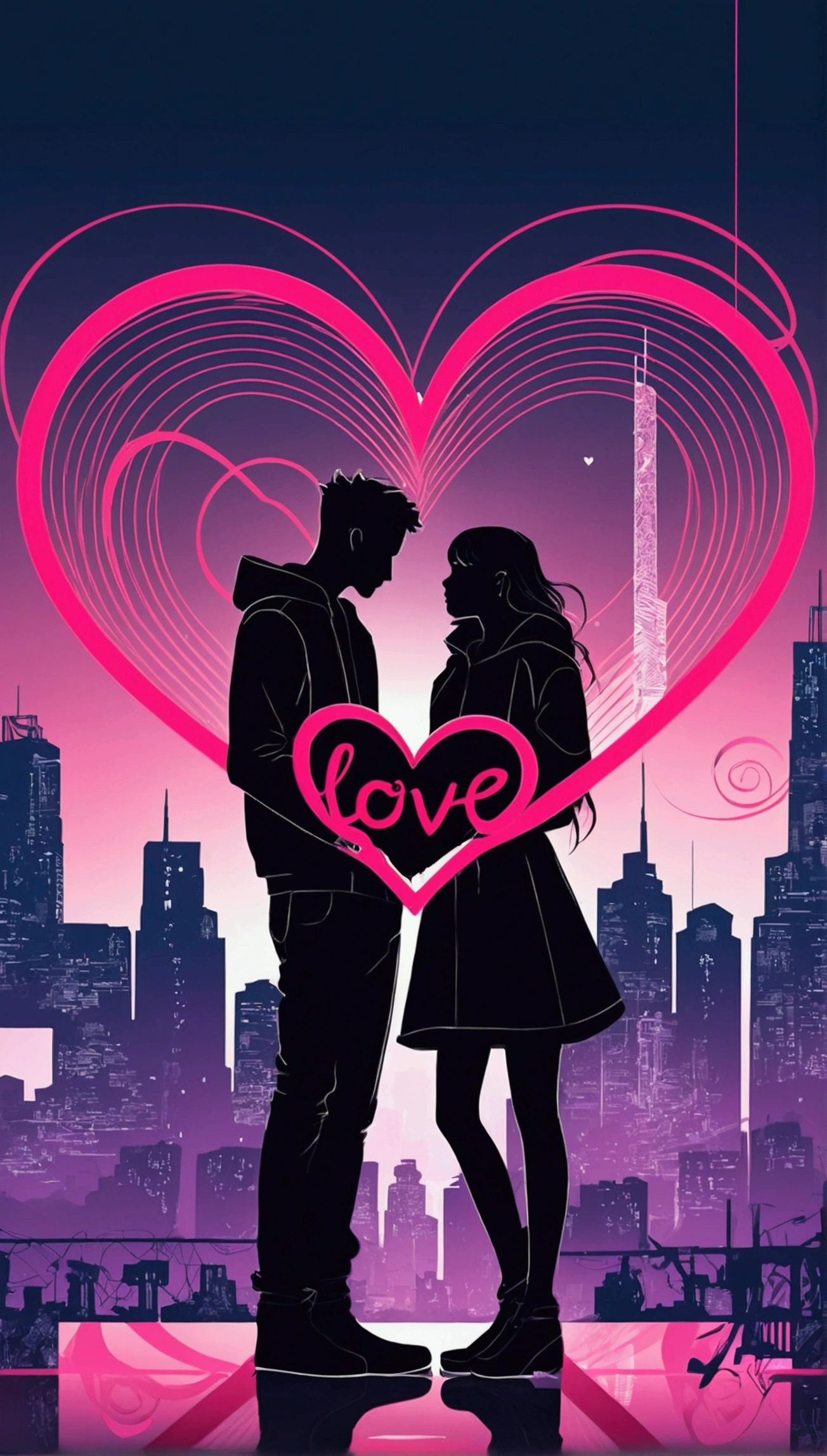 Design a simple Valentine's Day design with the word love, Transparent background, Love element,Heart-shaped composition,A boy and a girl get entangled,modern fashion outfit,Simple cyberpunk city as a backdrop,
