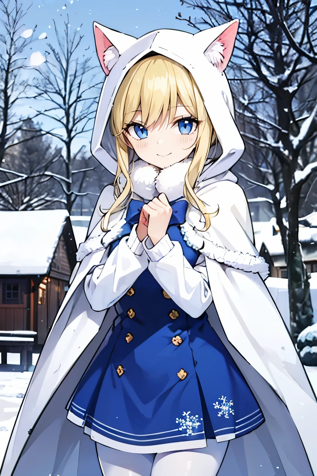 Safe for work, masterpiece, best quality, solo, 1 girl, cute girl, wholesome girl, (young female body:1.4), ( medium small breasts), cowboy shot, shy smile, flustered, yellow hair, thick wavy hair, hime cut, very blunt bangs, light blue eyes, detailed eyes, outside, snowy woods, wooden cabin in background, standing, dark blue dress, blue winter dress, dress with white fur, white cotton pantyhose, winter fur dress, long sleeve, blue dress, snowflake print on dress, thick winter dress, white fur trimmings, white fur, warm, bright blue dress, white cloak, fluffy cape, cape over shoulder, white cape, bows on dress, cape hood over head, hood with cat ears, details on dress