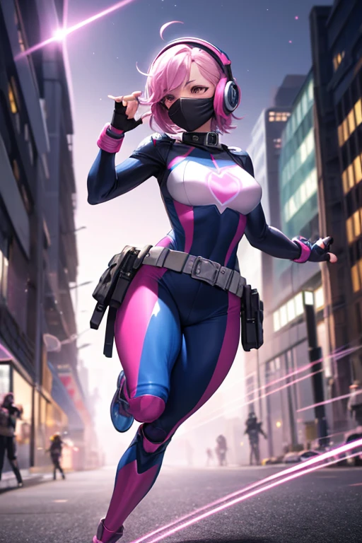 ((best quality)), ((masterpiece)), (detailed), 1 girl, full body, 20s, young adult, masked, black mask covering her entire head, smooth head, biker helmet, biker helmet with blue headphones on the sides, flashlight on her forehead, short pink hair coming out of her helmet, face, black collar, tall, slim, athletic, circles on her wrists, pink details, black fingerless gloves, pink wristbands, nanotech speedster suit that resembles light armor, blue chest with an emblem, blue chest, black suit with pink lines, pink speed emblem on her chest, pink emblem, blue pants, gray knee pads, metallic pink boots, white superhero belt, running through the city, pink light trail, laser, city background, anime