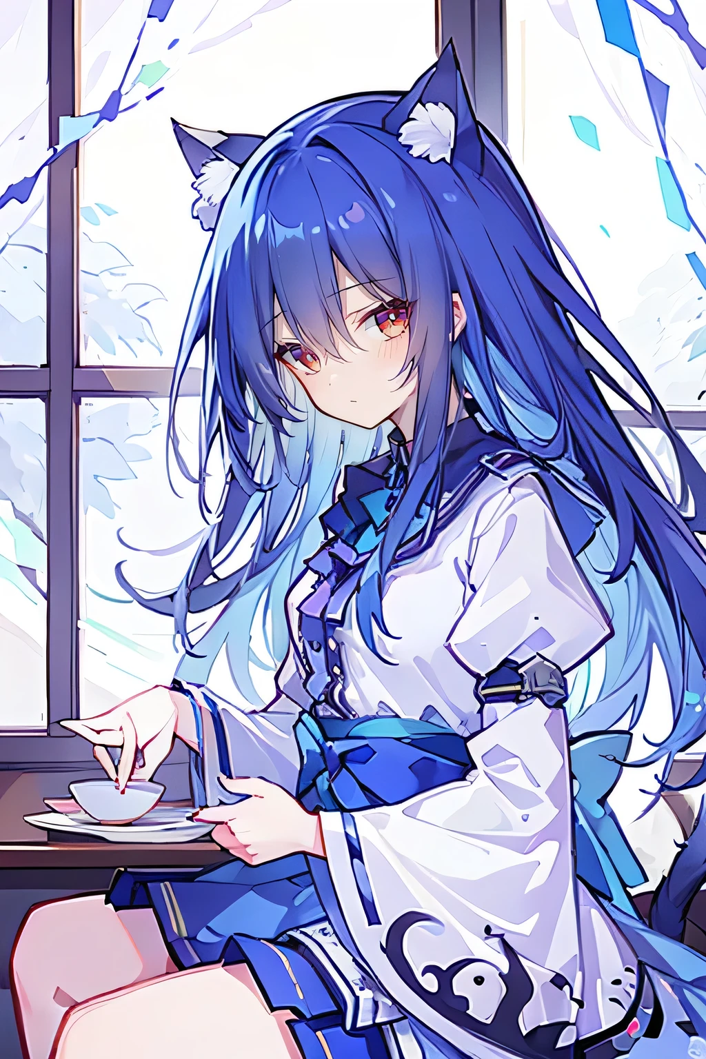 (Masterpiece:1.2),Ultra-detailed,lifelike,The eyes are expressive,Fair skin,Perfect face shape,1 girl,Japanese Manga,Gorgeous blue hair,Flowing blue hair,Flowing clothes,Cat ears,Petals falling,Smile,Tokyo background,background,heavy snow,winter.Highest quality,perfect face,sitting on window sill drinking coffee and looking out the window.