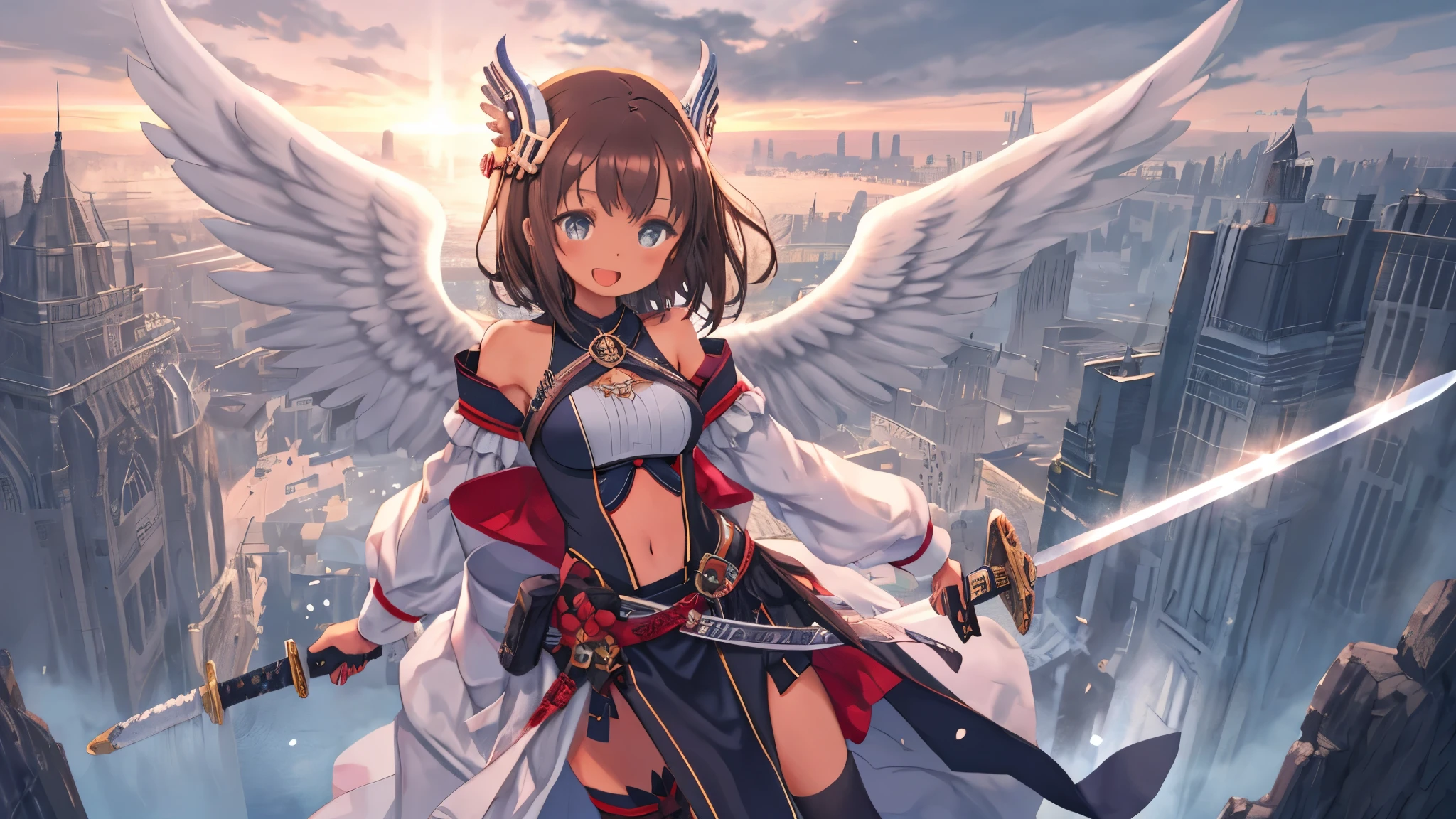 fantasy, 1angel_girl, low_, dark_brown_hair,long_bangs, (dark_skin)+, bare_shoulder, navel out, thighhighs,silver_shiny_armor, white_clothes,waist_armor, Glebe, hold_swords_emits_light, medium_breasts, dynamic_flying_pose,Floating, (1pair_white_wings:1.2),(pelvic_curtain:1.3), silver_Headgear ,looking_down_at_sunset_city_sky_background,,slightly_spread_legs, some_swords_emits_light,some_swords_emits_light_floating_around_the_girl,solo,glare_halo,laugh ,smile,open_mouth,open_legs,open_arms,rise_knee,rise_leg,rise_thigh,rise_leg,forward_leaning_posture,apart_legs,