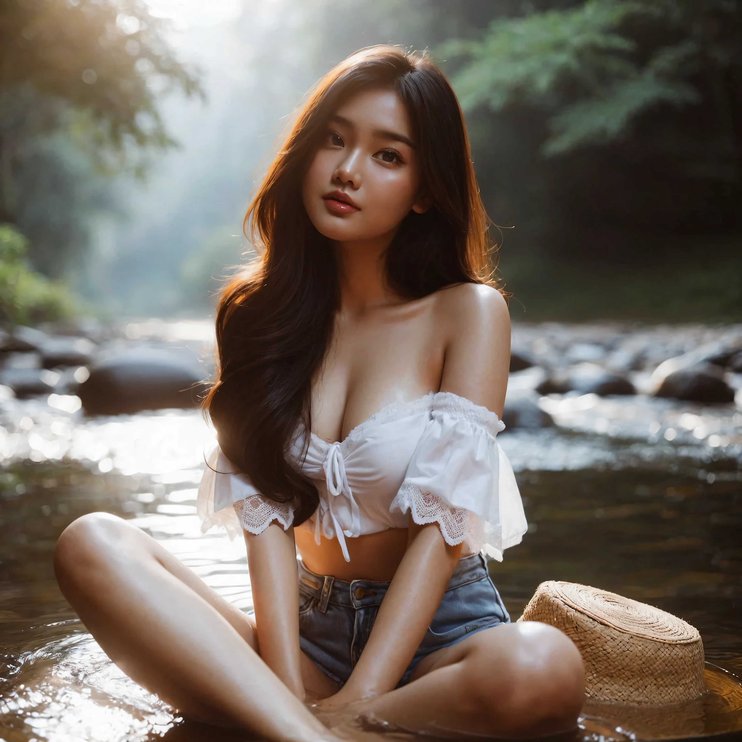 Lifestyle photoshoot, a beautiful indonesian girl (slightly overweight), soaking in the river, bright light, ultra HD 16K