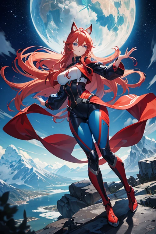 Profesora Sylara Stormblade in an anime style, as a tall, athletic Caucasian woman with long, vivid red hair and bright blue eyes. She is in a dynamic karate kick pose. Her attire includes tight-fitting blue leather pants and leather boots, which accentuate her athletic figure. The setting is a mountainous landscape, with the full-body image capturing the energy and style of anime action, un joven se afera con fuerza a su cintura