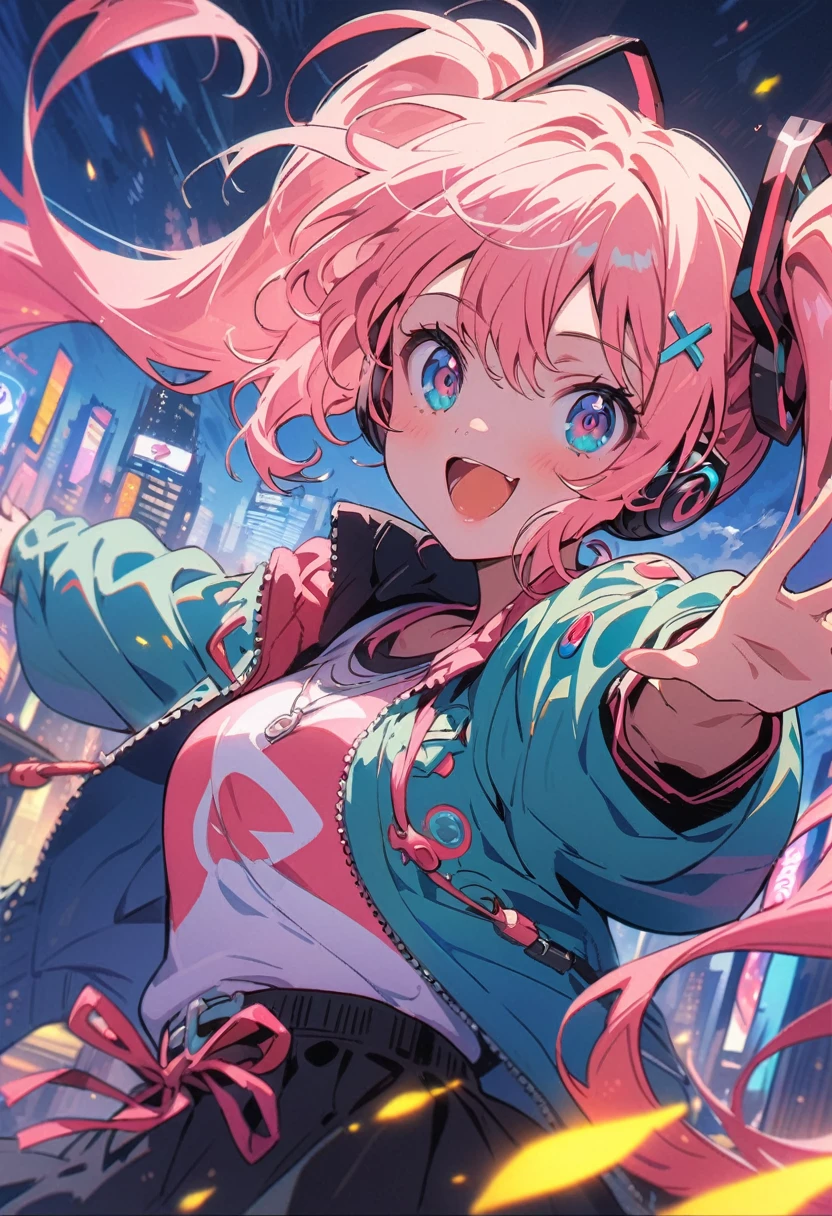 (Highest quality,4K,8k,High resolution,masterpiece:1.2),Very detailed,Vibrant colors,Beautiful details,Beautiful lip detail,Cute girl with long turquoise twin tails,stylized cel shading,Dynamic pose,Neon cityscape background,Singing on the rooftop,Anime-style artwork,Happy and cheerful expression,Lens flare,The city lights in her eyes,hatsune miku