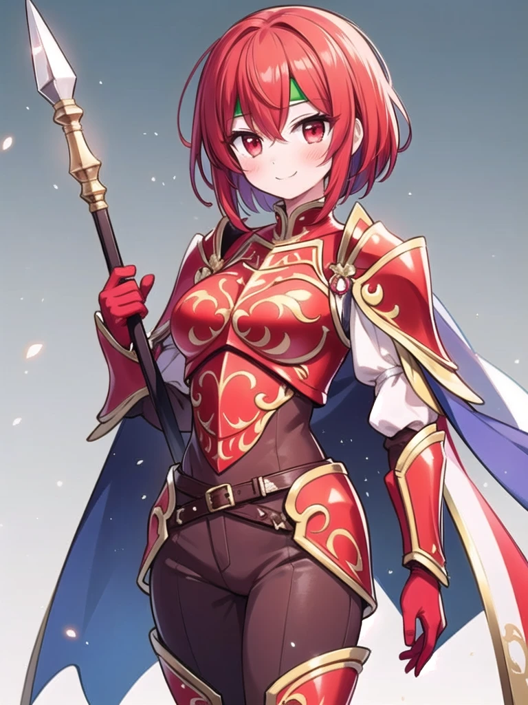 1girl, masterpiece, best quality, perfect hands, minerva, red armor, green headband, cape, red gloves, belt, brown pants, armored boots, red hair, short hair, cowboy shot, smile, holding, spear, holding spear, red eyes, blush