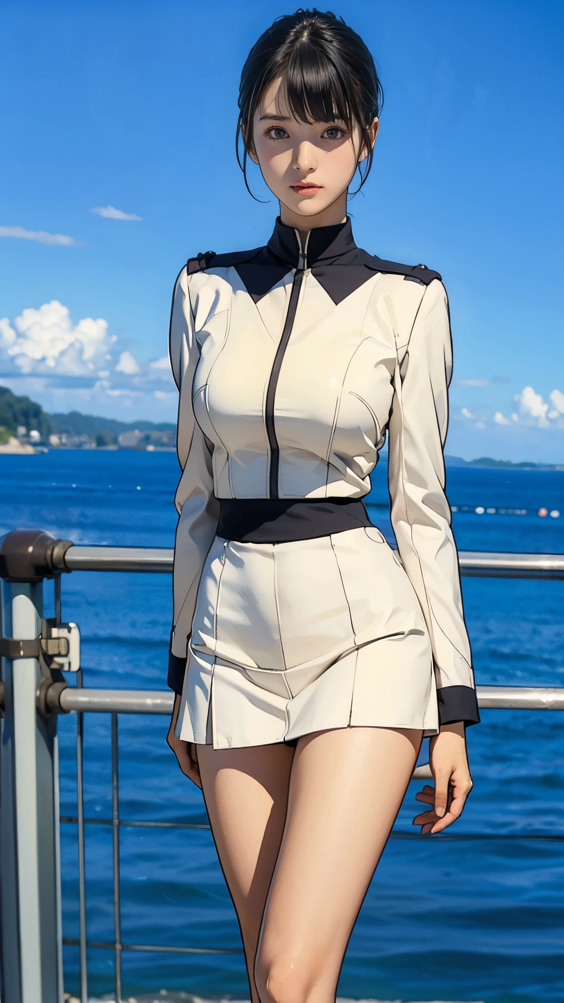 15-year-old girl、Earth Federation Operator Girl Soldier、Black short hair、Idol-level cuteness、Childish face and appearance、Accurately drawn faces、thin、Skirt Earth Federation Uniform、White and blue uniform、(A uniform that fits the body:1.3)、Very thin thighs、Inside the bridge of a battleship、Low angle shot、Anatomically correct、Accurate Fingers、Accurate Rimbuster Piece、Photorealization