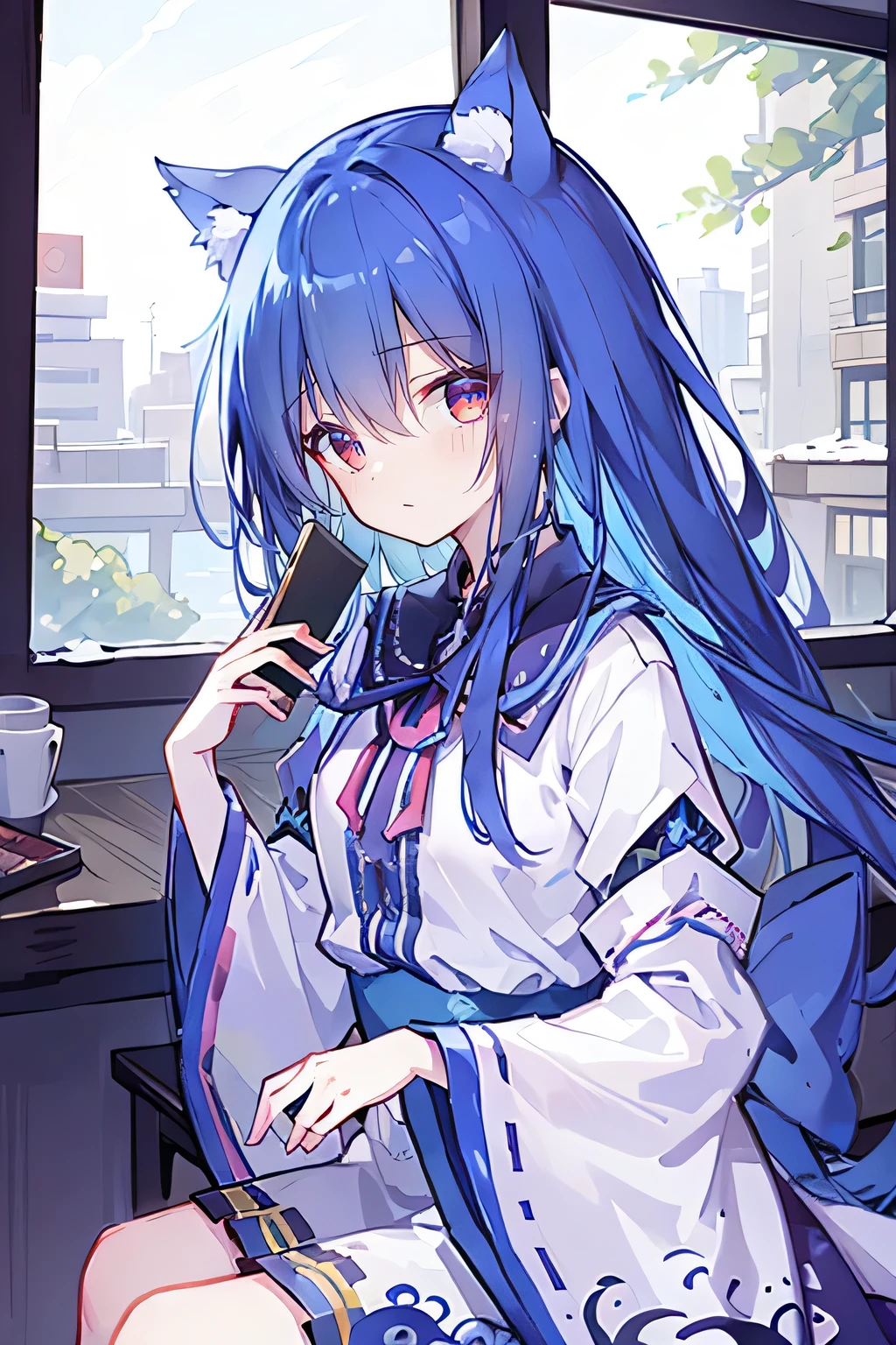 (Masterpiece:1.2),Ultra-detailed,lifelike,The eyes are expressive,Fair skin,Perfect face shape,1 girl,Japanese Manga,Gorgeous blue hair,Flowing blue hair,Flowing clothes,Cat ears,Petals falling,Smile,Tokyo background,background,heavy snow,winter.Highest quality,perfect face,sitting on window sill drinking coffee and looking out the window.