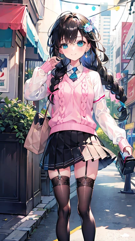 Tazune rirei, 8k, ultra-detailed, Masterpiece, best quality, perfect lighting, aqua eyes, black hair, braid hair, ((pink sweater with vertical lines)), black pleated skirt, earrings, garter belt, black thigh-high socks, black platform shoes,, small handbag, 1girl, solo, looking at viewer, street, standing on street, portrait, bokeh, light smile, 