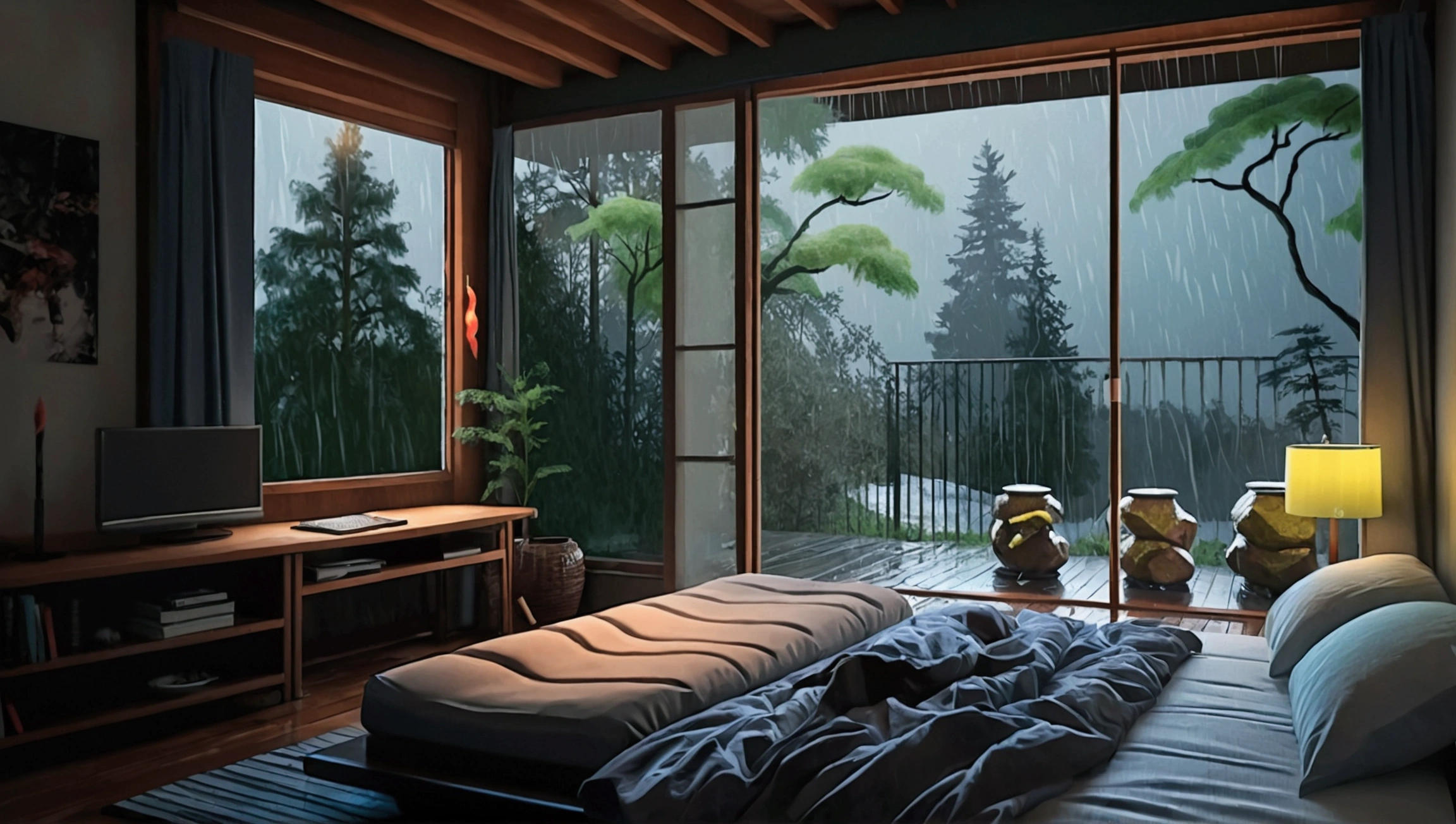 a bed sitting inside of a bedroom next to a window, a digital painting, inspired by Shūbun Tenshō, Artstation Contest Winner, ukiyo-e, at evening during rain, photo realistic image, cozy