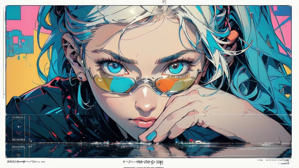 (((masterpiece, highest quality))),(((solo:1.2))),(((1girl:1.2))),32k wallpaper, very detailed, poster, vintage science fiction,(((((geometric cinematic movie poster))))), ((bauhaus)),(shape),(((abstract))),(mid century modern),movie poster,(((((portfolio))))),(((((Close-up))))),(((((bust up))))),((((more various angle)))),((((highlight)))),((((heterochromia)))),(((complete. detailed face))),((((Extremely talented)))),(((((most complecated futristic))))),(Colorful color scheme),(((detailed unlimited complete equipment : fullface reflection lens goggle))),(((((Absolutely simple background))))),(((texture:grunge))),(((Cheek resting on hand))),((Rest on your chin)))