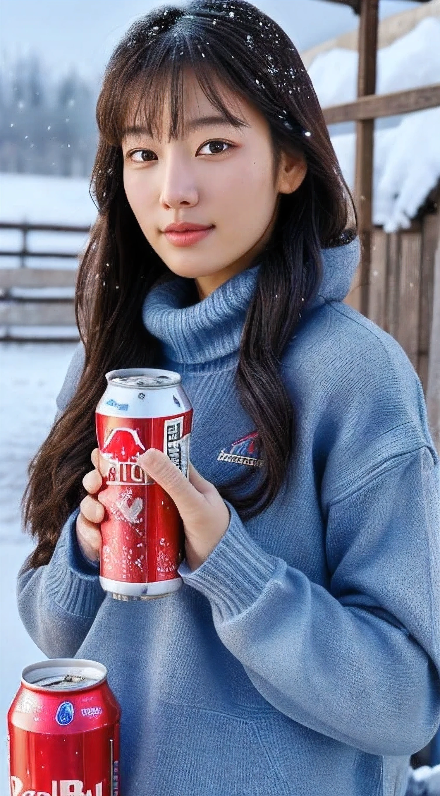 (masterpiece:1.35),(best-quality:1.4),8k,ultra-detailed,photography,(ultra-realistic:1.4), adult girl, long hair, sweater, snowing background, while holding an energy drink with the Redbull brand