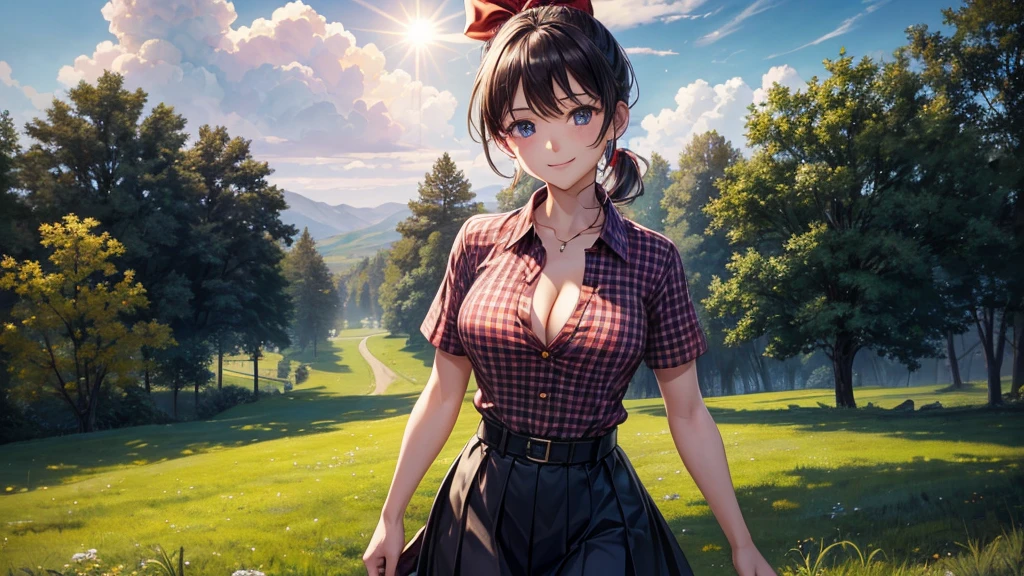 1girl, solo, rural landscape, village, trees, sun, clouds, fantasy, black hair, ponytail, large breasts, button down shirt, ((red checked shirt)), ((short sleeved shirt)), ((unbuttoned shirt)), popping buttons, unbuttoning buttons, cleavage 1:3, blue eyes, dark skirt, smile, looking at the viewer, standing, hair ribbon, golden necklate, elegant white hat