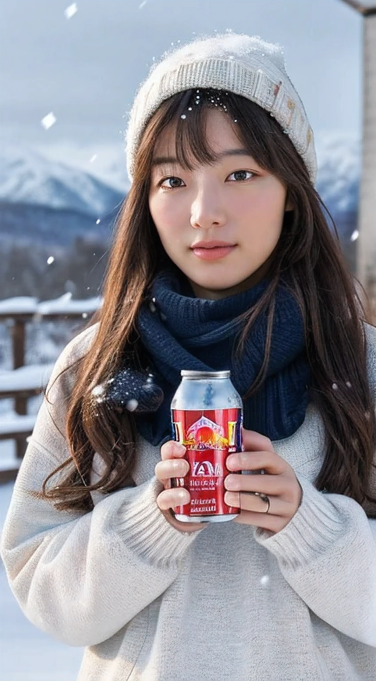 (masterpiece:1.35),(best-quality:1.4),8k,ultra-detailed,photography,(ultra-realistic:1.4), adult girl, long hair, sweater, snowing background, while holding an energy drink with the Redbull brand