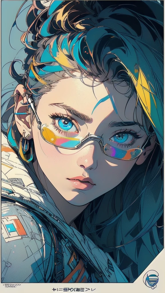 (((masterpiece, highest quality))),(((solo:1.2))),(((1girl:1.2))),32k wallpaper, very detailed, poster, vintage science fiction,(((((geometric cinematic movie poster))))), ((bauhaus)),(shape),(((abstract))),(mid century modern),movie poster,(((((portfolio))))),(((((Close-up))))),(((((bust up))))),((((more various angle)))),((((highlight)))),((((heterochromia)))),(((complete. detailed face))),((((Extremely talented)))),(((((most complecated futristic))))),(Colorful color scheme),(((detailed unlimited complete equipment : fullcover reflection lens goggle))),(((((Absolutely simple background))))),(((texture:grunge))),(((Cheek resting on hand))),((Rest on your chin)))