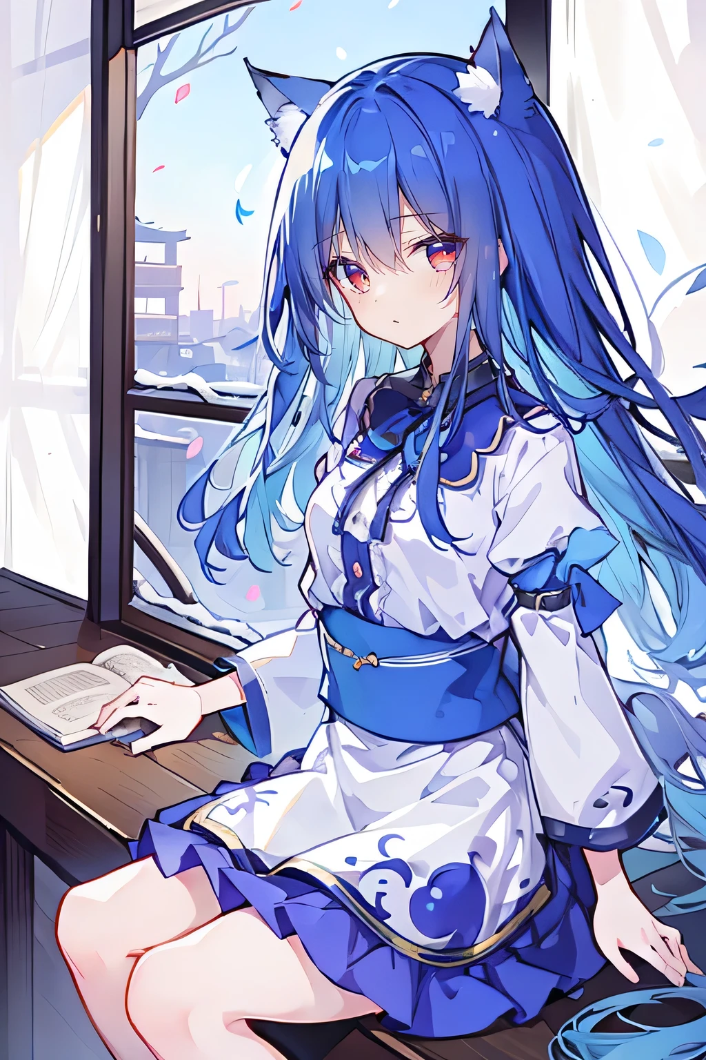 (Masterpiece:1.2)，Ultra-detailed，lifelike，The eyes are expressive，Fair skin，Perfect face shape，1 girl，Japanese Manga，Gorgeous blue hair，Flowing blue hair，Flowing clothes，Cat ears，Petals falling，Smile，Tokyo background，background，heavy snow，winter.Highest quality，perfect face，sitting on window sill drinking coffee and looking out the window.