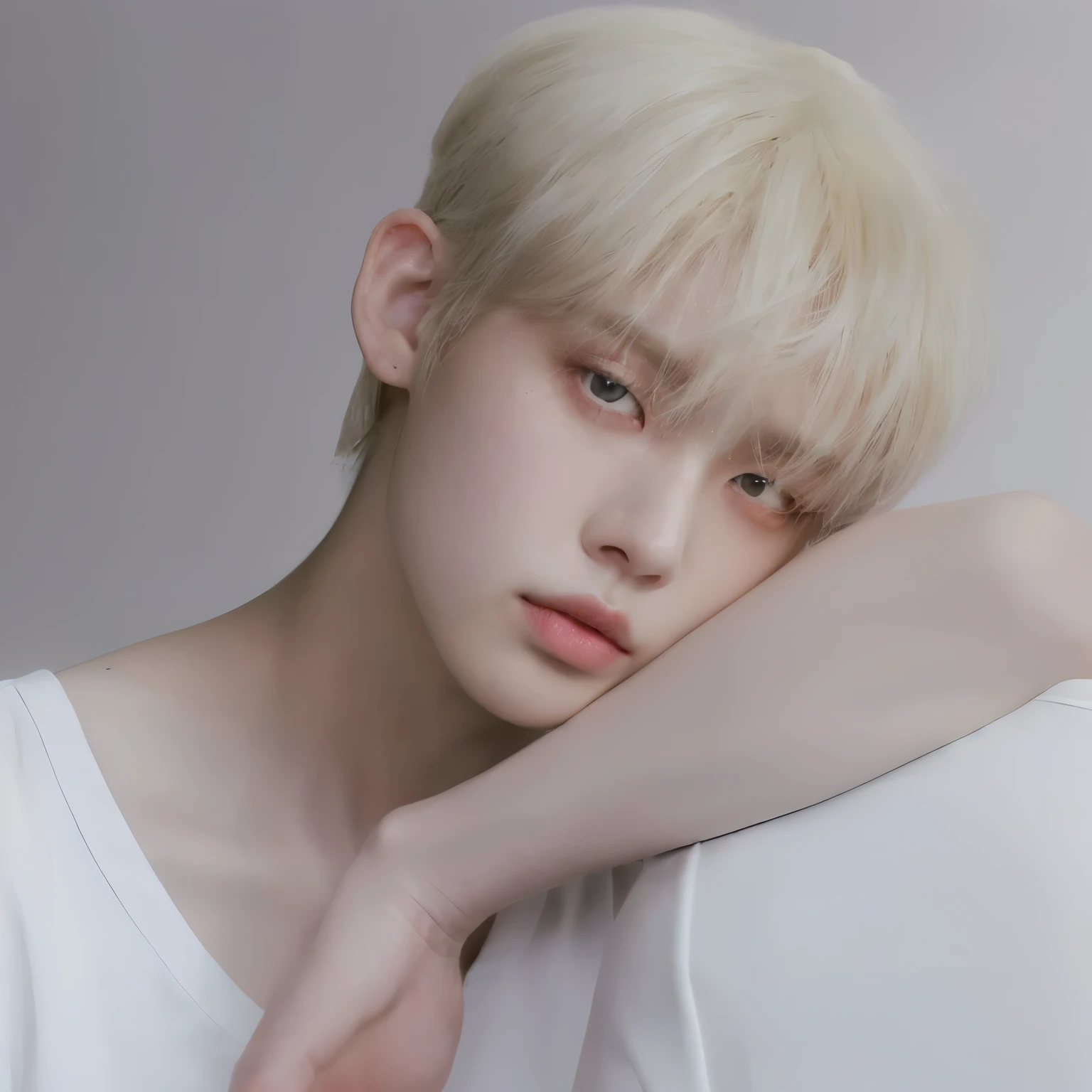 a close-up of a person wearing a white shirt and a white shirt, Choi yeonjun, yeonjun, bad Ulzzang, inspired by yeonjun Choi, inspirado en yeonjun TXT, white bangs, yeonjun, intense albino, milky white skin, hong june hyung, delicate androgynous prince