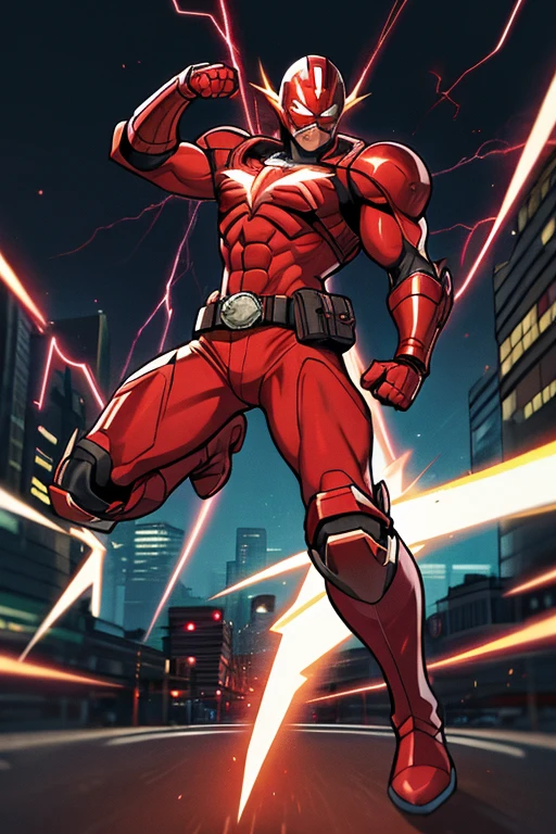 ((best quality)), ((masterpiece)), (detailed), 1 man, full body, 30s, black masks, red helmet that covers his entire head, smooth helmet, uncovered face, helmet with a flashlight on his forehead, black collar, tall and muscular, very large, red armor, 2 large tubes, transparent electricity tubes on his chest, large red gloves, red wristbands, red suit, fist emblem with lightning bolts on his chest, fist, red pants, black knee pads, metallic red boots, superhero belt, lightning bolts in the air, hitting the highway, superhero pose, lightning bolts come out, night city background, anime