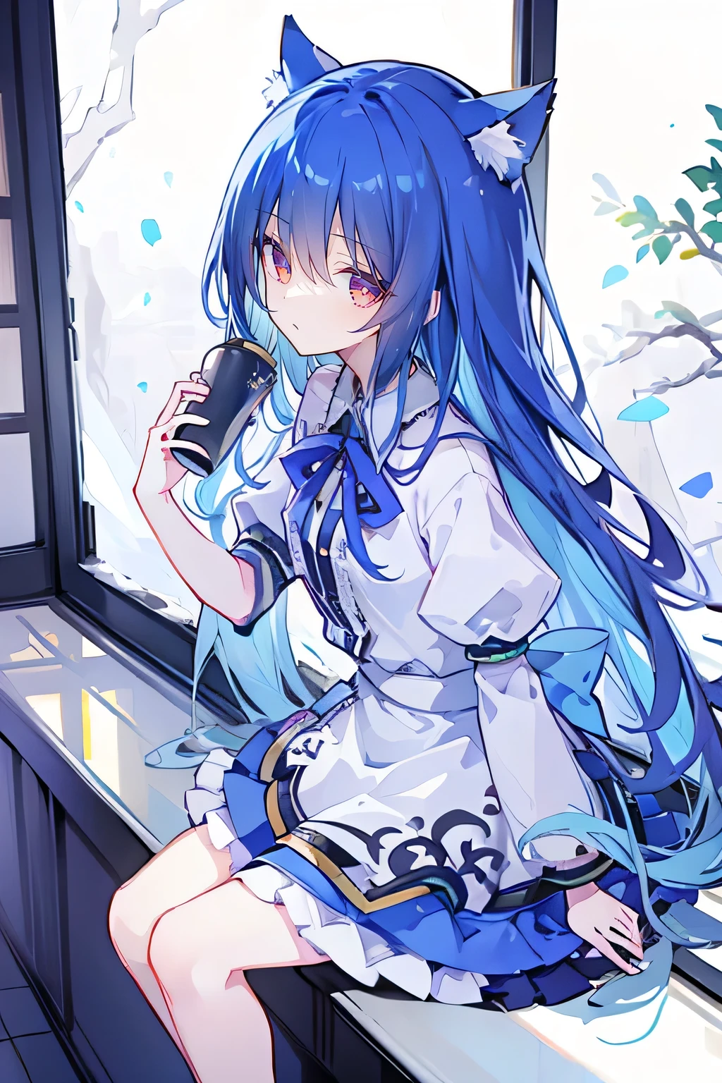 (Masterpiece:1.2),Ultra-detailed,lifelike,The eyes are expressive,Fair skin,Perfect face shape,1 girl,Japanese Manga,Gorgeous blue hair,Flowing blue hair,Flowing clothes,Cat ears,Petals falling,Smile,Tokyo background,background,heavy snow,winter.Highest quality,perfect face,sitting on window sill drinking coffee and looking out the window.