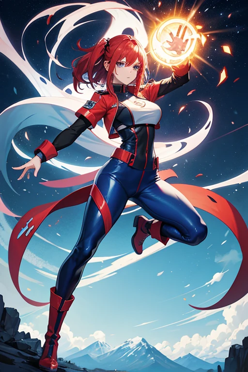 Profesora Sylara Stormblade in an anime style, as a tall, athletic Caucasian woman with long, vivid red hair and bright blue eyes. She is in a dynamic karate kick pose. Her attire includes tight-fitting blue leather pants and leather boots, which accentuate her athletic figure. The setting is a mountainous landscape, with the full-body image capturing the energy and style of anime action, un joven hombre se afera con fuerza a la cintura de ella