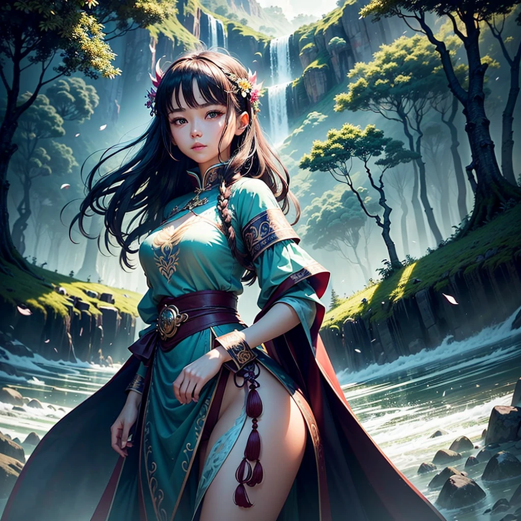 dragon_TRUE, dragonเปลวไฟยาว, dragonจีน, claw, Crooked body, sharp eyes, ((best quality)), ((Masterpiece)), ((เหมือนTRUE)), ((18 year old girl in chinese dress, Flowing hair adorned with beautiful hair accessories, ยืนอยู่ท่ามกลางกลีบดอกไม้บินที่มีdragonคู่บารมีล้อมรอบเธอ)), Haircut patterns by choppy layers, Possed is standing in the doorway position, Sharp Grey-Blue, Shooting angle is a view from a high angle,
Be amazed by the captivating image of an 18-year-old girl wearing an elegant Chinese dress, Her flowing hair is elegantly embellished with cute hair accessories.. As the petals swayed in the breeze around her, a majestic dragon wraps its Crooked body around her, Create a charming scene at work. Immerse yourself in the deepest forest river of a rainforest village, GREENERY AND VIBRANT VEGETATION SURROUND THEM.. Decorative runic letters in the landscape, Immerse yourself in the air of ancient magic. The couple stood on top of a mist-covered mountain., Where snow-capped peaks reach the sky. A soft light illuminates the girl's face., Cast a gentle silhouette and capture her impersonal beauty. Distant bokeh and neon lights add a touch of magic from afar., Create a dreamlike atmosphere. Blurred background enhances cinema-level quality, Draw attention to beautiful and highly detailed visual elements.. Prepare to be captivated by the seamless blend of natural elements and fantasy in this artistic Masterpiece.